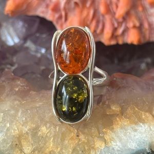 Double stone Amber sterling silver ring